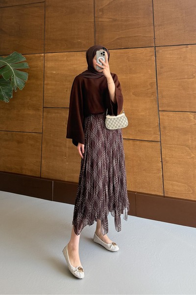 Rimel Moda Mateo Patterned Skirt Set Brown
