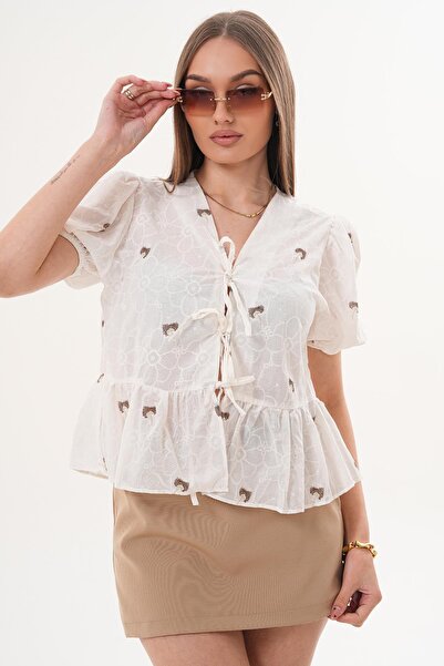 ŞİMAL Women's Front Lace-Up Short Sleeve Blouse 260271 -