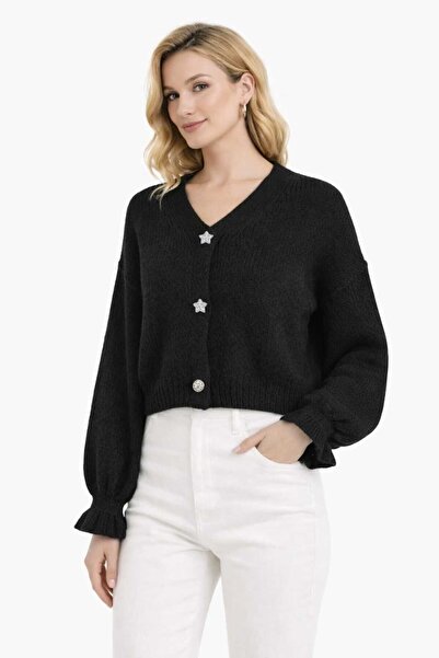 CHEVALIER FASHION Women’s Black Cropped Knit Cardigan with Star Buttons – Lon...
