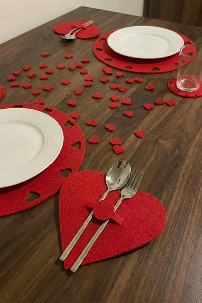 KAŞIKBEY Valentine's Day Special 2 Person 6 Piece Heart Supla Dining American Service Set for Your Special Days