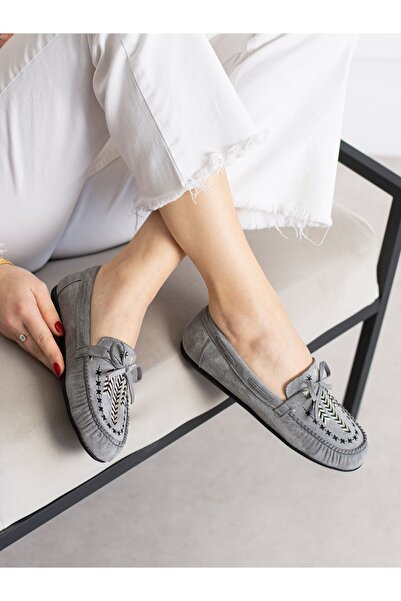 ALEMDAR AYAKKABI BOHEM Сиви бродерирани дамски балетни пантофки