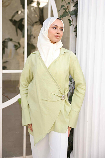 İmajButik Mint Green Double-Breasted Collar Brooch Detailed Kimono Shirt