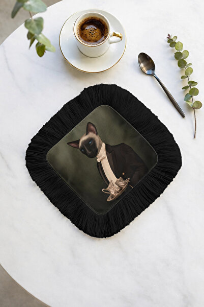 Evimde Bambaşka Zarif Şık Kedi Portreli Saçaklı Sunum Peçetesi-Sanatsal Asil ...