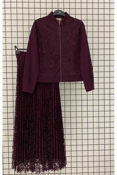 Armine TREND Yeni Sezon Dantel Detaylı Fermuarlı Ceket Piliseli Etek Takım