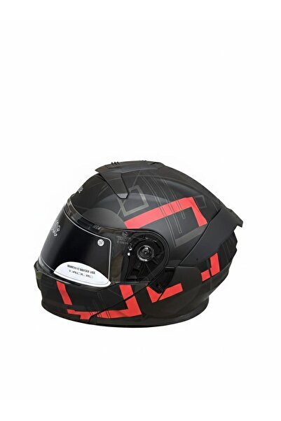 Casque Mat Siyah Kırmızı Grafik Desenli Çene Açılır Motosiklet Kaskı Ece Belgeli