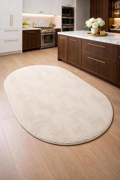 BESELY Krem Bohem Emboss Kabartma Desen Oval Elips Premium Kaymaz Taban Yıkan...