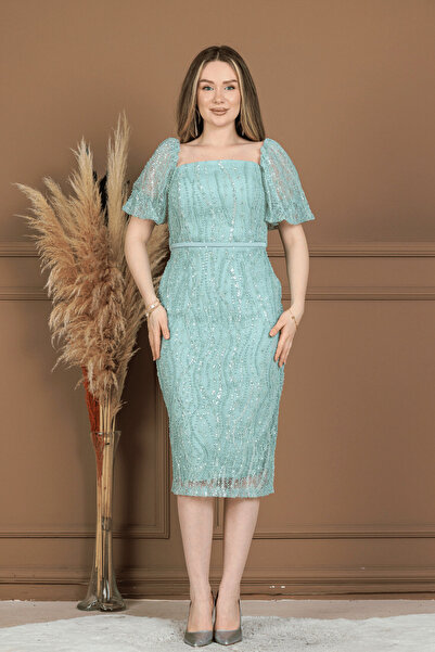 BEYBOS Full Beaded Fabric Square Collar Pencil Dress - Mint Green