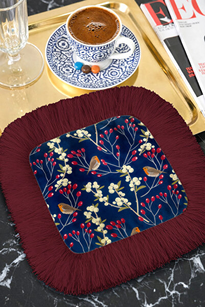 Evimde Bambaşka Kuşlu Botanik Saçaklı Kahve Yanı Servis Peçetesi - Kış Bahçes...