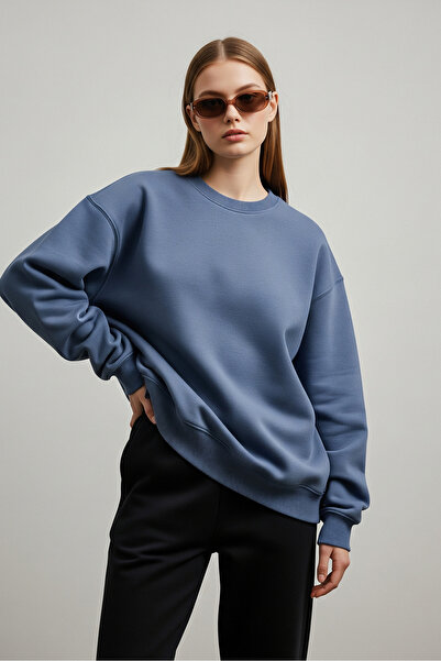 milidia Women's Oversize Crew Neck Basic Sweatshirt Indigo