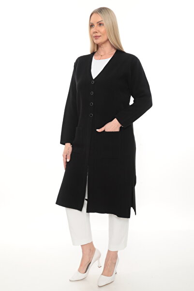 İKSUN Steel Knit Buttoned Pocketed Knitwear Winter Thick Long Mother's Knit C...