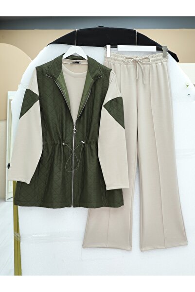 Modamorfo Quilted Vest and Green Trousers Triple Combed Cotton Suit - Khaki