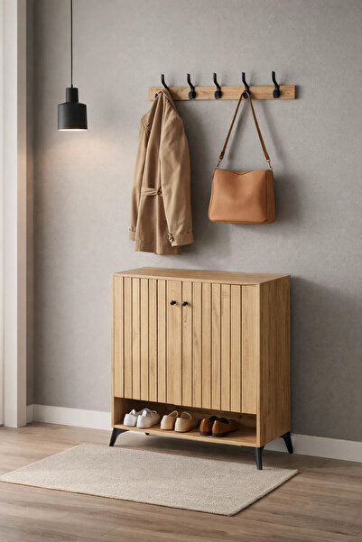 MARIA HOMES Modern Oak Wood Shoe Cabinet Storage Rack with Slatted Doors and ...