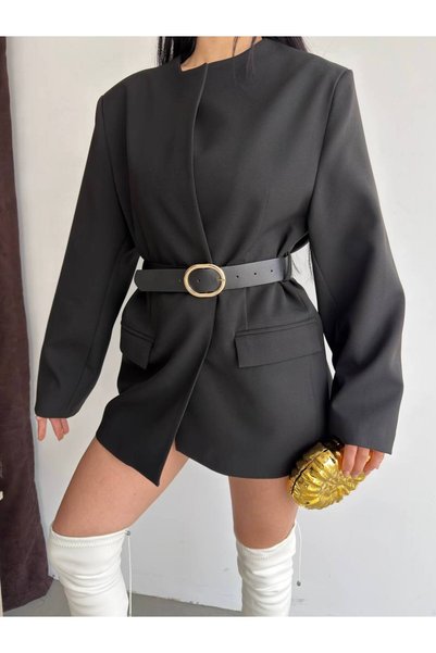 vesantia Kadın Siyah Modern Kesim Kemerli Astarlı Blazer Ceket