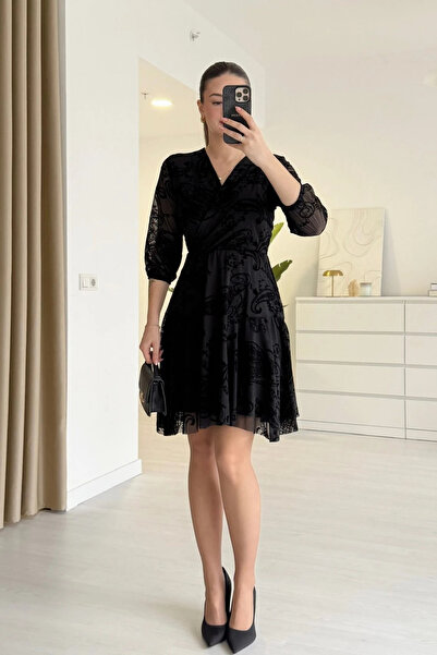 MOZENA Double-Breasted Collar Flocked Printed Skirt Flounced Mini Dress