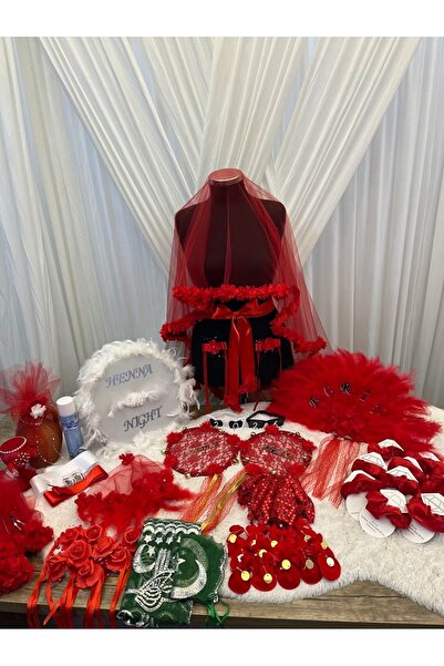ecrin tuhafiye hobi Kırmızı 309 Parça Lüks Kına Gecesi Seti Gelin Damat Duvak...