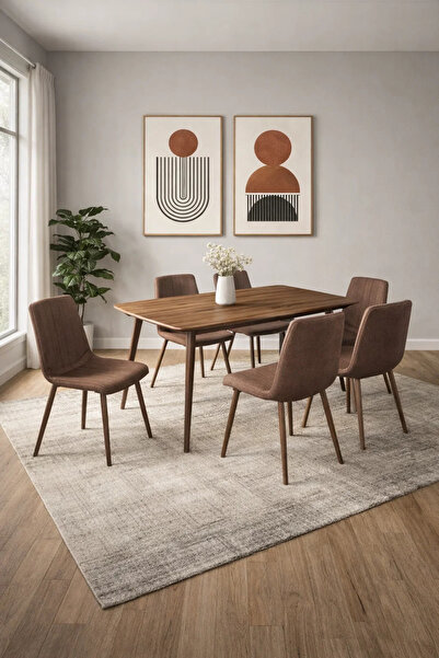 MARIA HOMES طقم سفرة أنيق لستة أشخاص، يتضمن طاولة خشبية مستطيلة وكراسي من الق...