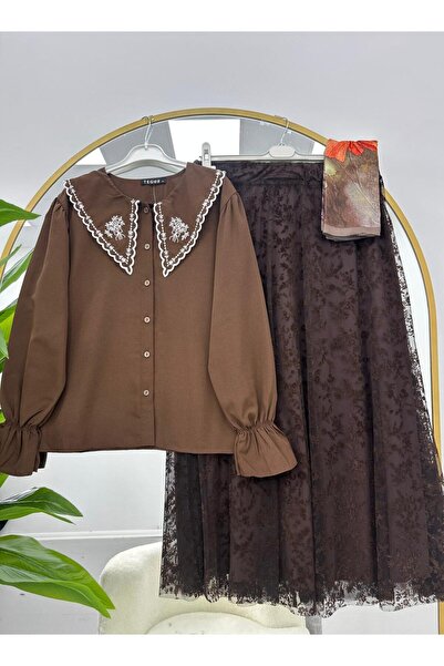 VOLT CLOTHİNG Embroidered Collar Blouse with Lace Skirt Set