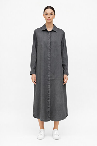 İDOL GİYİM Shirt Collar Ten-Sel Fabric Long Denim Tunic-Dress