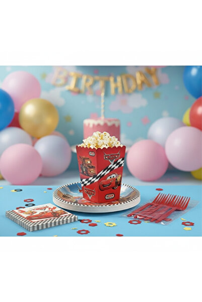 Umamiçe Cars Party Set – 25 Red Forks + 8 Corn Boxes + 8 Napkins + 8 Plate Cups