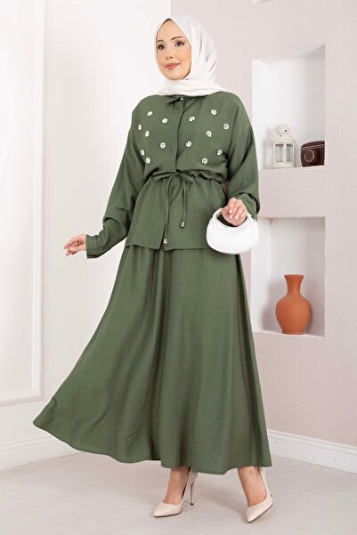 EBRUTESETTÜR Stone Embellished Waist Tunnel Skirt Suit Khaki