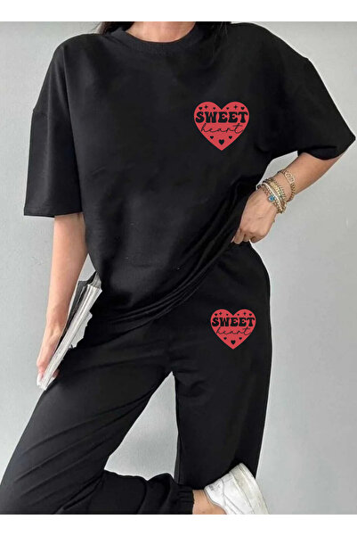 SUNFREE Women's Heart Printed Short Sleeve T-Shirt Sweatpants Top and Bottom Set