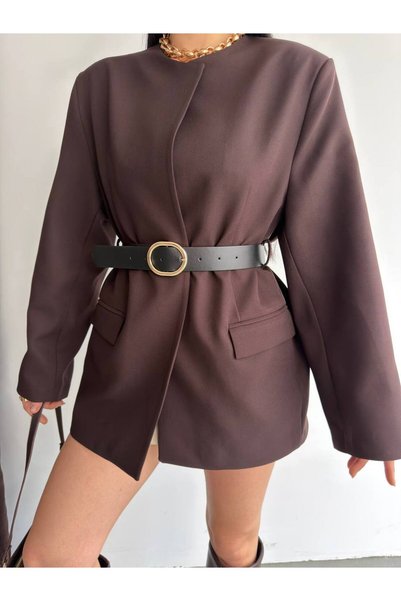 vesantia Kadın Acı Kahve Modern Kesim Kemerli Blazer Ceket