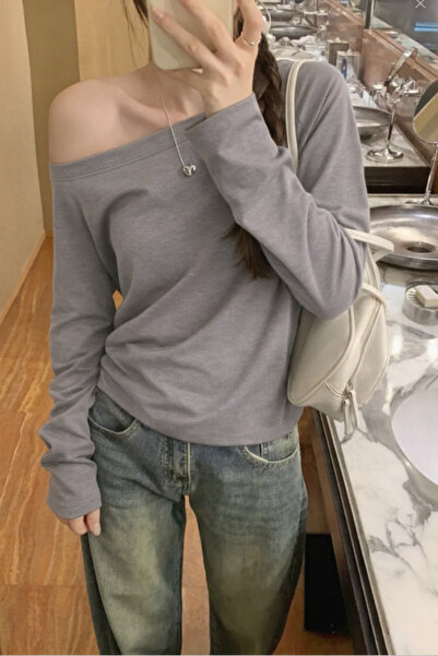 COOL TARZ Ανθρακί Γυναικείο μπλουζάκι με ανοιχτό ώμο και μακρύ μανίκι