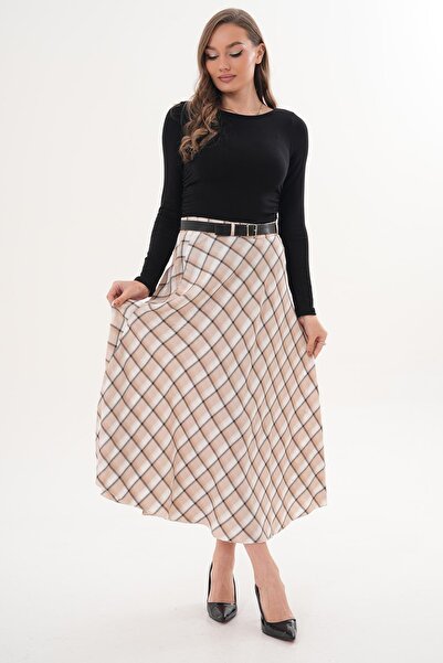 ŞİMAL Women's Plaid Belt Detailed Long Skirt 260331 -