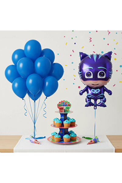Umamiçe Pijamaskeli̇ler Party Set – 10 Blue Balloons + Foil Balloon (B) + Cak...