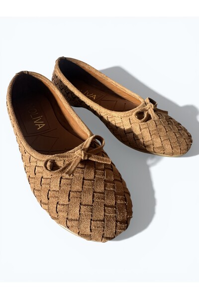 Noliva Women's Tan Suede Textured Knitted Patterned Bowknot Ballerinas