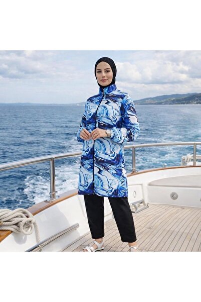 Ms Modern 3-Piece Tesettür Top Patterned Fabric Swimsuit - Blue - Su19