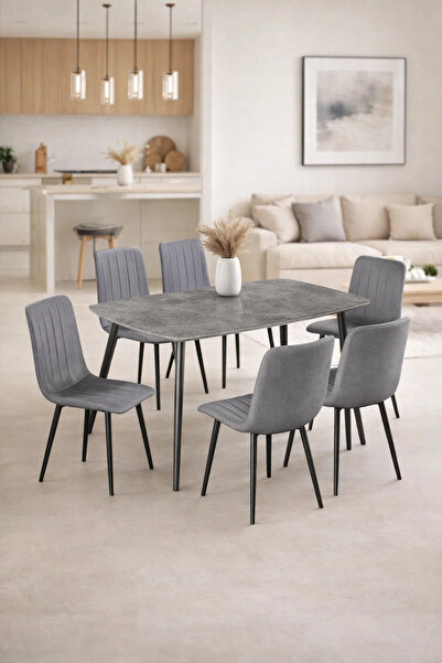 MARIA HOMES طقم غرفة طعام أنيق مكون من 7 قطع، طاولة رمادية بتصميم حجري، 6 كرا...