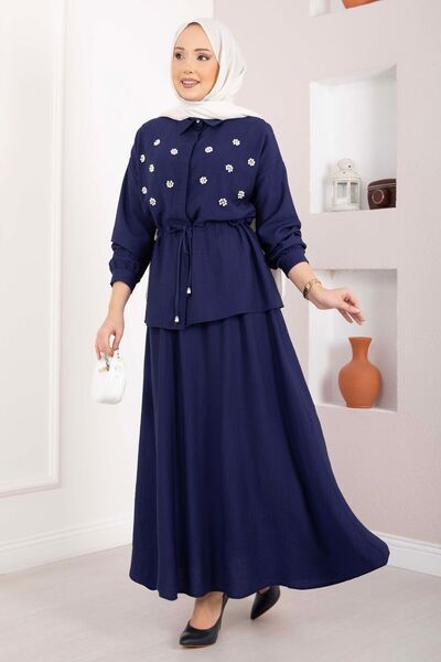 EBRUTESETTÜR Stone Embellished Waist Tunnel Skirt Suit Navy Blue