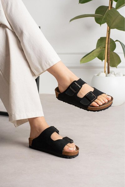 starmarj Unisex Orthopedic Sole Slippers with Double Strap Buckle, Daily Comfortable Home & Outdoor Slippers - Black