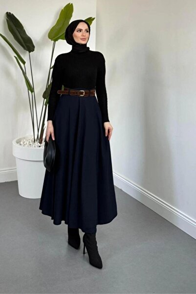 Şulemoda Giyim Belted Crepe Skirt Navy Blue