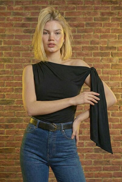 moddosa fashion Women's Asymmetrical Collar Shoulder Tie Detailed Stretchy Bl...