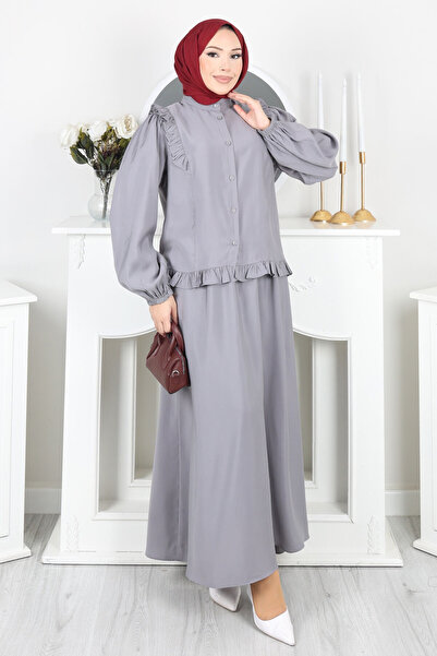 KL Ruffle Detailed Buttoned Skirt Suit Gray