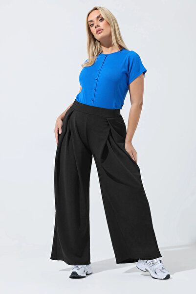 HELVEYS Black Spanish Pleated Pants with Elastic Waist, Comfortable Fit, Offi...
