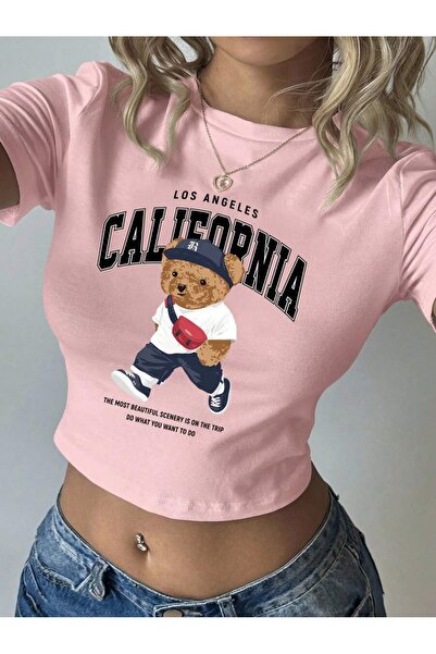 WESTİMO تيشيرت نسائي قصير ضيق برقبة دائرية وطبعة California Bear
