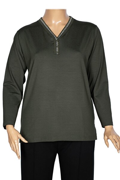 Pıtırcık Cimariva Women's Öykü Large Size V-Neck Knitwear Detailed Khaki Blouse