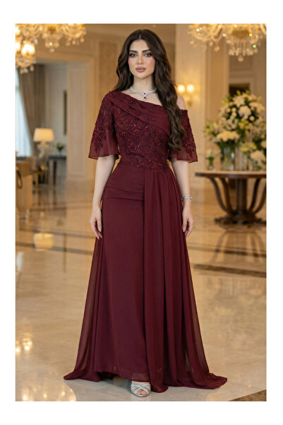 Nice Model Burgundy Chiffon Off-Shoulder Evening Gown Beaded Lace Bodice Form...
