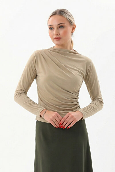 AKD Atelier Women's Blouse Draped Long Sleeve Sandy Fabric High Collar Stretc...