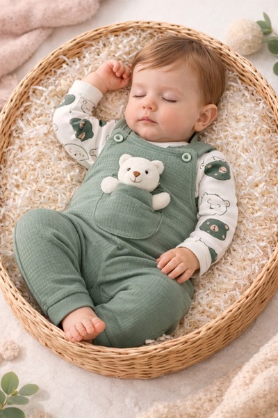Babexi Doğal Pamuklu Yeşil Bebek Tulum Seti – Ayıcık Figürlü Şirin Tasarım