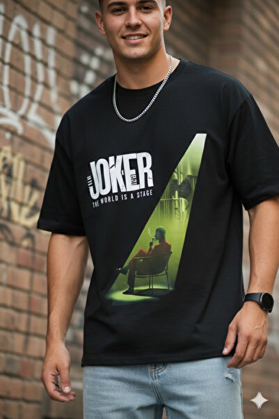 FUWEAR Oversize Unisex Joker Printed Oversize Black T-Shirt
