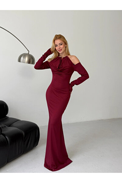 Cool & Sexy Modal Fabric Lycra Accessory Detail Maxi Dress Burgundy