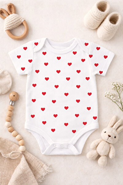 Merve Nayir Red Heart Patterned Baby Bodysuit