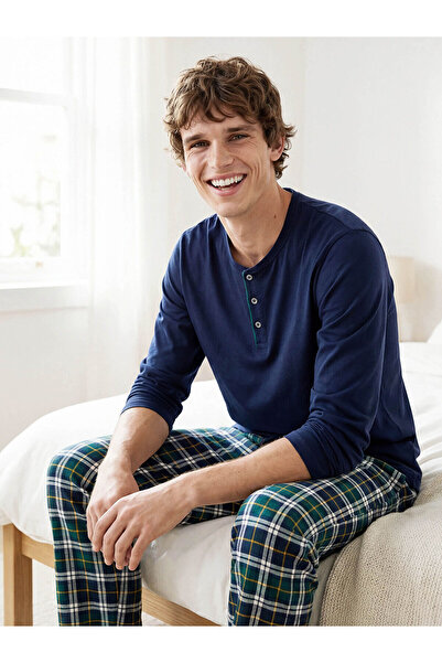 LC Waikiki مجموعة ميرال بيجاما رجالية منقوشة باللون الأزرق الداكن بقصة قياسية