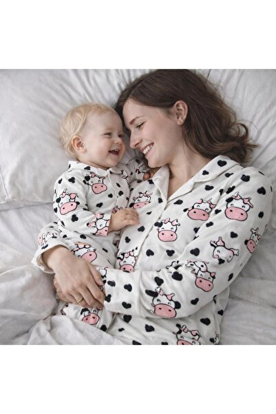 Kıvırcıkyoga 100% Cotton Cow Patterned Mother and Daughter Pajama Set