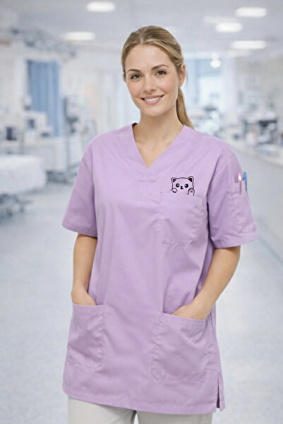 mirach Wide Cut Pawline Premium Scrubs Χαριτωμένη Στολή Κλινικής με Κέντημα Γ...