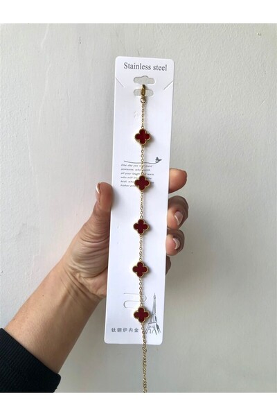 Gözde Tasarım Butik Women's Gold Gold Color Clover Burgundy Bracelet